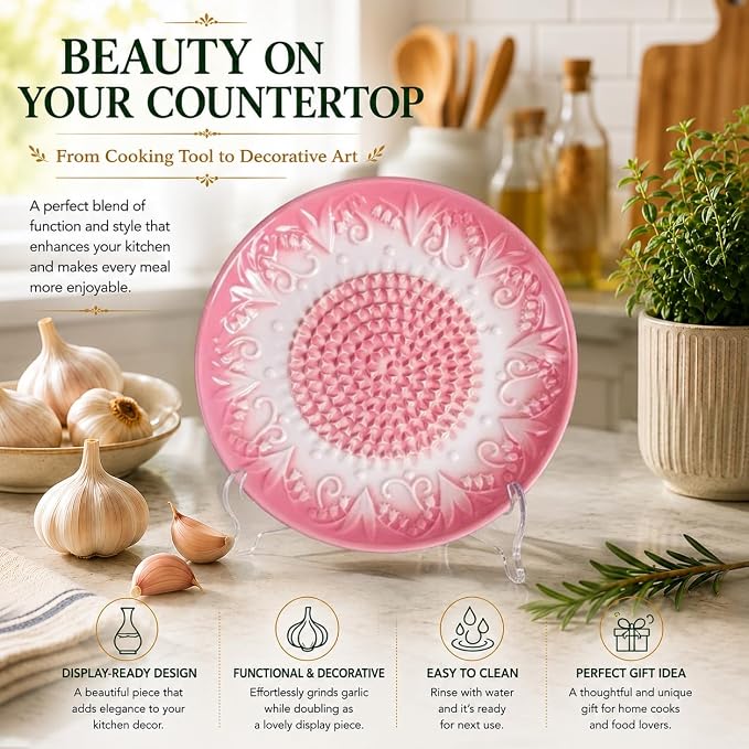 Ceramic Garlic Grater Plate Set with Rack & Cleaning Brush(Pink) | Textured ceramic surface grates garlic, ginger and tomatoes quickly; includes rack, brush and peeler for easy kitchen use