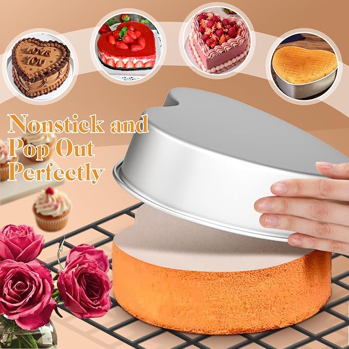 9.5 Inch Heart Shaped Cake Pans with 50 Pieces Parchment Paper,Set of 2 Non-stick Aluminum Heart Cake Pans Baking Tins for Birthday Wedding