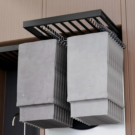 Hidden Pull Out Drying Rack, Extendable Pull Out Trousers Rack, Space Saving, Above Washing Machine Wardrobe, Aluminum Alloy, Soft-Close, Depth 19.29in Width 24-26in Grey