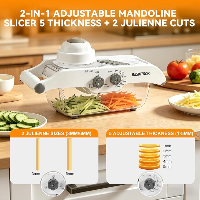 5-Speed Adjustable Mandoline Slicer Manual Veggie Cutter with Safety Guard | 5 slicing thickness options, safe guard avoids cuts, compact slicer for fruit & vegetable home cooking prep