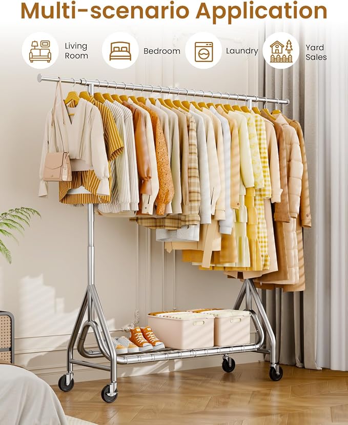 Heavy Duty Clothing Rack, Metal Clothes Rack Load 450 LBS, Rolling Coat Racks for Hanging Clothes with Lockable Wheels, Wardrobe Closet Garment Racks for Bedroom, Silver