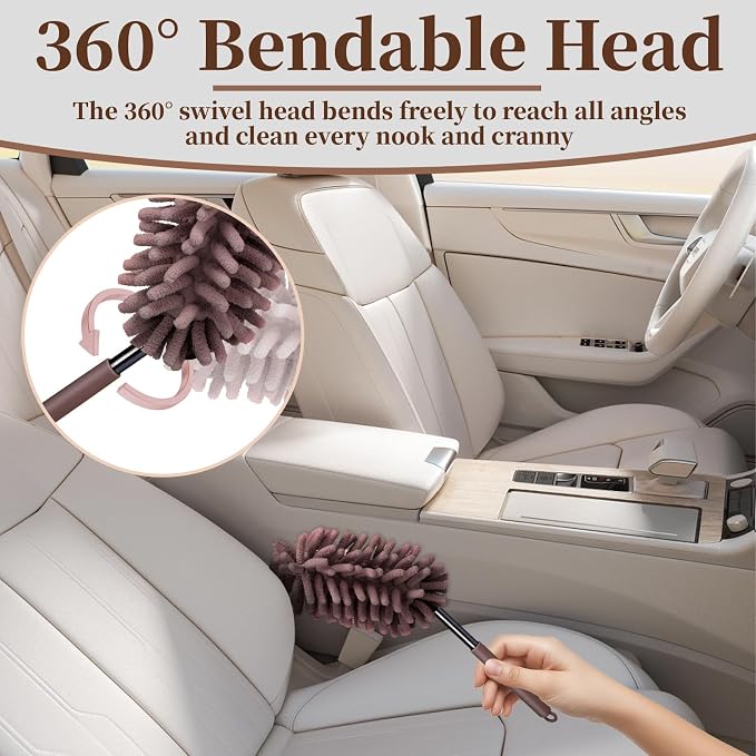 2 PCS Car Interior Duster with Extension Pole, Dusters for Cleaning | Microfiber Car Dusters with Bendable Head, Duster Interior & Exterior Scratch Free for Vehicle, Offices, Window (Brown)