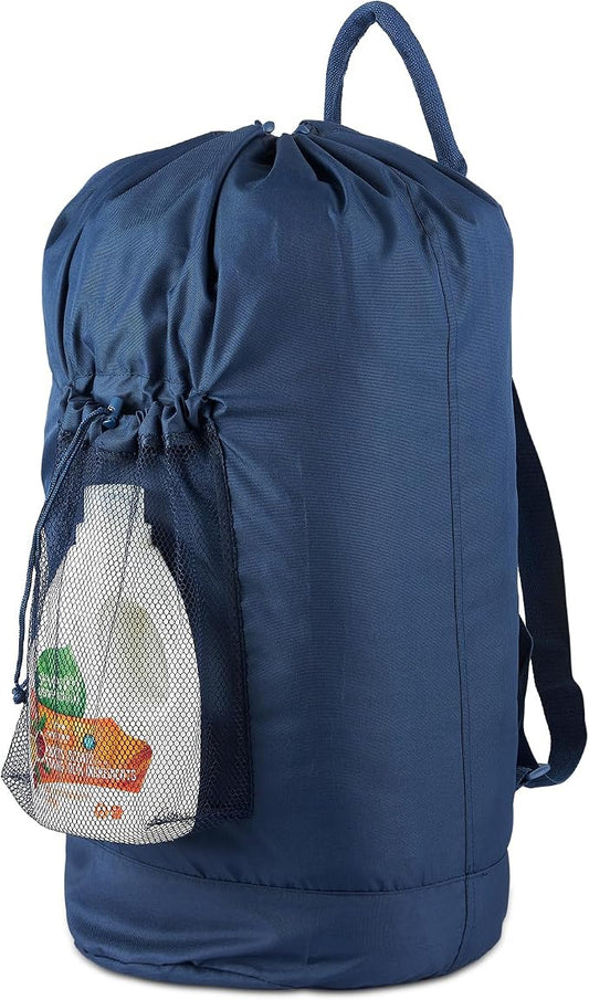 Seiritex Laundry Bag Backpack with Detergent Holder and Adjustable Shoulder Straps, Clothes Laundry Backpack for College, Travel, Apartment, Laundromat, Dorm Room (Blue)