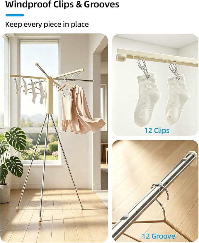 Foldable Tripod Clothes Drying Rack for Travel, Camping with 3 Tent Pegs | Portable Drying Rack Clothing Laundry Drying Rack for Balcony, Hotel, Apartment. Steel Frame with 12 Clips, Windproof