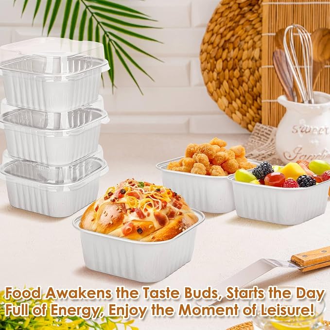 selizo 60 Pack 5oz Mini Square Disposable Cake Pans with Lids, Aluminum Foil Baking Cups, Individual Cake Containers with Lids for Parties and Gatherings