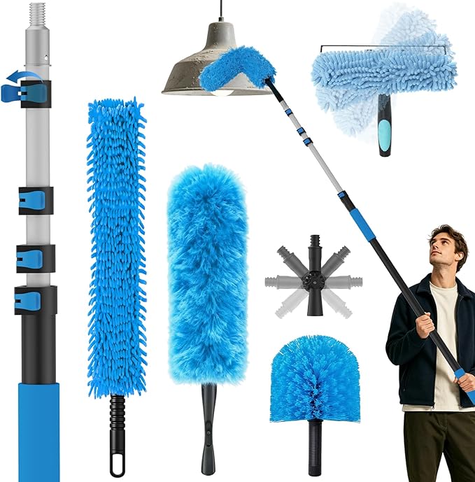 16FT Reach High Ceiling Duster Kits with 3-12FT Adjustable Pole - Includes Extra Long Duster, High Ceiling Duster, Rotatable Window Squeegee & Cobweb Duster for Ceiling Fans and Whole House Cleaning