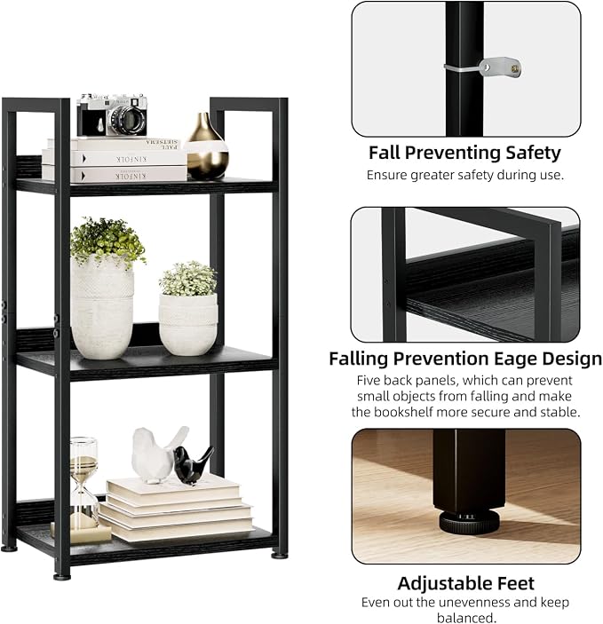 NUMENN Narrow Bookshelf, 3 Tier Freestanding Shelving Unit, Black | Small Book Shelf for Small Spaces, Metal Frame & Wood Shelves, Falling Prevention Baffle, Bookcase for Bedroom&Home Office