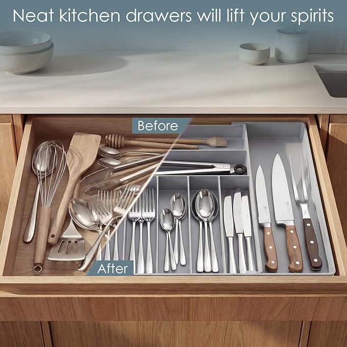 Silverware Drawer Organizer, 9 Slots Expandable Kitchen Drawer Organizer | Extra Large Utensil Holder & Cutlery Tray, Heavy Duty Stainless Steel Frame Flatware Organizer, Non-Slip Feet Included, Gray