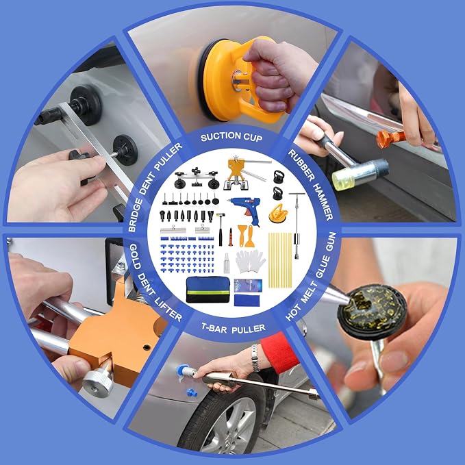 97PCS Auto Body Dent Repair Tool Kit, Paint-Friendly Dent Repair Kit with Golden Lifter, Slide Hammer T-bar Dent Puller, Bridge Puller, Suction Cup and Glue Gun for Car Dent Remove Tools Kit