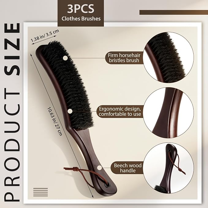 Thenshop 3 Pcs Clothes Brushes Large Beech Wood Handle Soft Horse Hair Bristle Lint Brush for Hat, Suits, Velvet, Suede, Shoe and Pet Hair