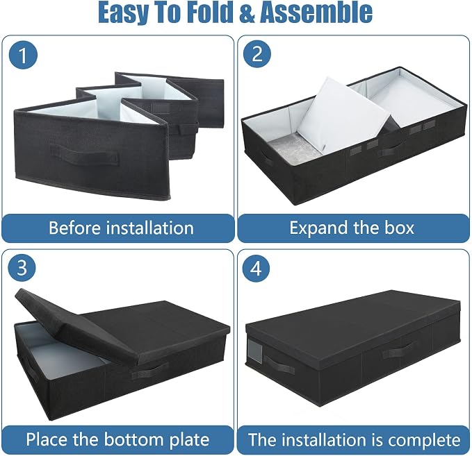 Supowin Underbed Storage Containers Bin with Lids (Set of 2) Large Under Bed Storage Organizer Box with Handle, Foldable Under the Storage Bags for Organizing Clothes, Shoes, Blankets, Pillows-Black