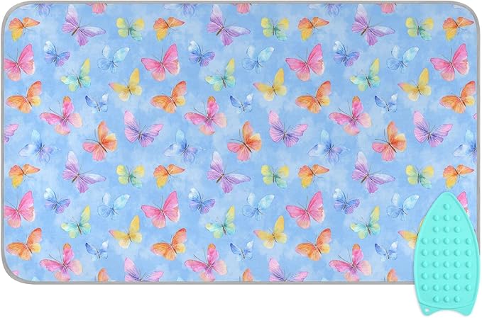 Ironing Mat Portable Ironing Pad Blanket with Silicone Iron Rest for Table Top Travel Heat Resistant Double-Side Using Large 47x28 Inch Foldable Colorful Watercolor Butterflies