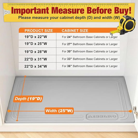 Aisslro Under Sink Mat 25" X 19", Waterproof Silicone Under Sink Mats for Kitchen, Anti-Leak Shelf Liner & Cabinet Protector with Raised Edge, [BPA Free] Bathroom Tray Home Organizer, Gray