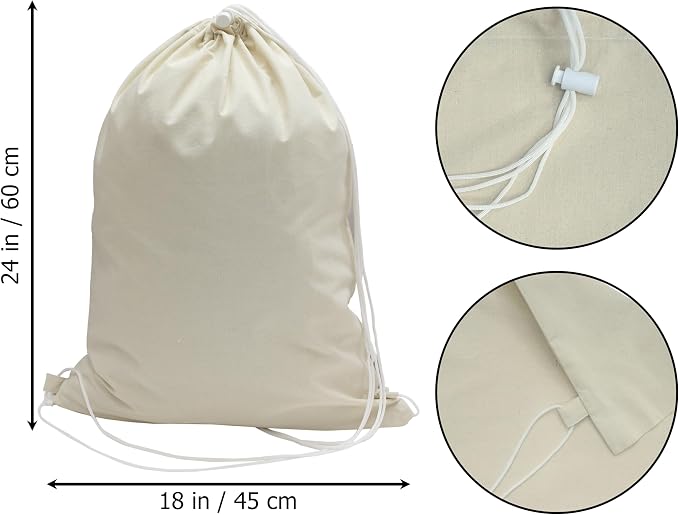 COTTON CRAFT Large Laundry Bag Backpack - 2 Pack Washable Utility Bag | Heavy Duty Durable Canvas Drawstring Closure Laundry Bag - Dorm Hamper Travel Laundry Organizer Sack - 18x24 inches - Natural