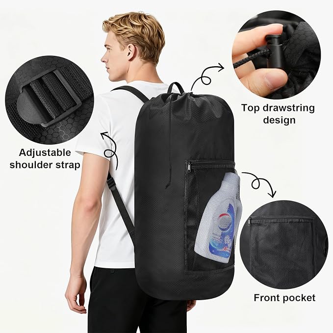 Laundry Bag Backpack Durable Laundry Bag with Shoulder Straps and Mesh Pockets Portable Laundry Hamper Dirty Clothes Bag for College, Travel, Laundromat, Apartment (Black)