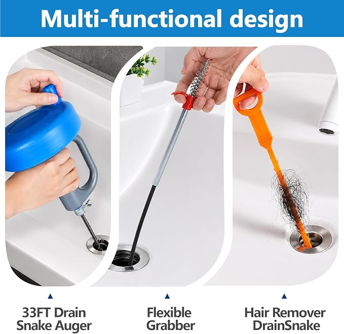 Drain Snake 5Set-33Ft Drain Clog Remover,62inch Heavy Duty Plumbing Snake,20inch Hair Clog Remover,Gloves for Bathtub,Toilet,Sewer,Kitchen Sink,Drainage Pipe(Blue)