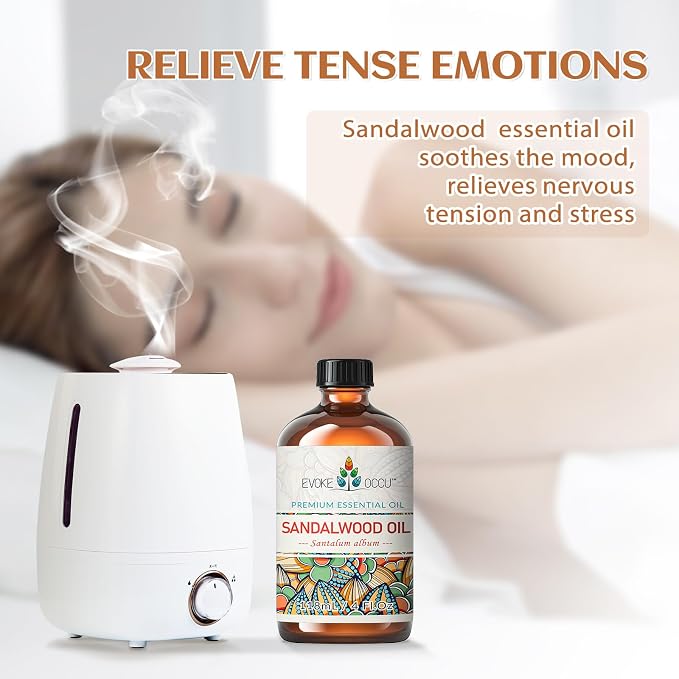 EVOKE OCCU Sandalwood Essential Oil for Skin Care, Diffuser & Candle Making | for Perfume, Hair Care, Massage, Sleep & Meditation, DIY Soap, Laundry Dryer Balls, Men & Women - 118ml / 4 fl oz