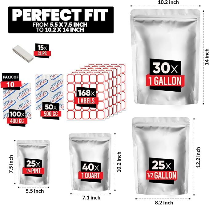 120 Mylar Bags with 150 Oxygen Absorbers-168 Labels & Stand-Up Reusable | 4 Sizes Airtight Smell Proof Resealable with 15 Clips-11 MIL Thick for Food Storage