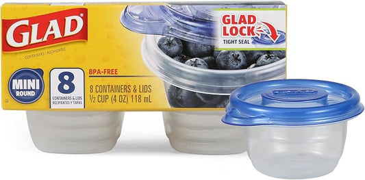 Glad GladWare Mini Round Food Storage Containers with Lids, Small BPA Free Reusable Plastic Snack Containers with Lock Tight Seal for Lunch, Portion Control, and On the Go, 4 Oz, 8 Count