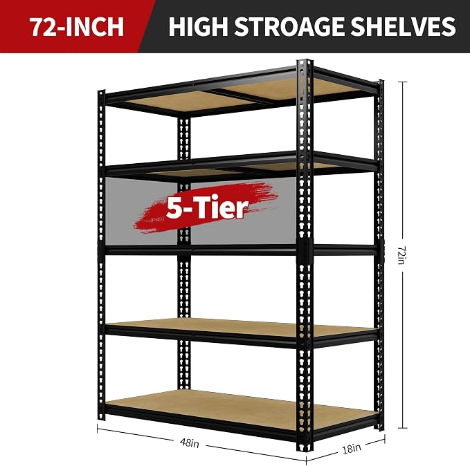 Heavy Duty Garage Storage Shelves, 5-Tier Adjustable Metal Shelving Unit | Up to 2500 Lb Capacity, 48" L x 18" W x 72" H Storage Rack for Kitchen, Pantry, Basement, Bathroom & Laundry