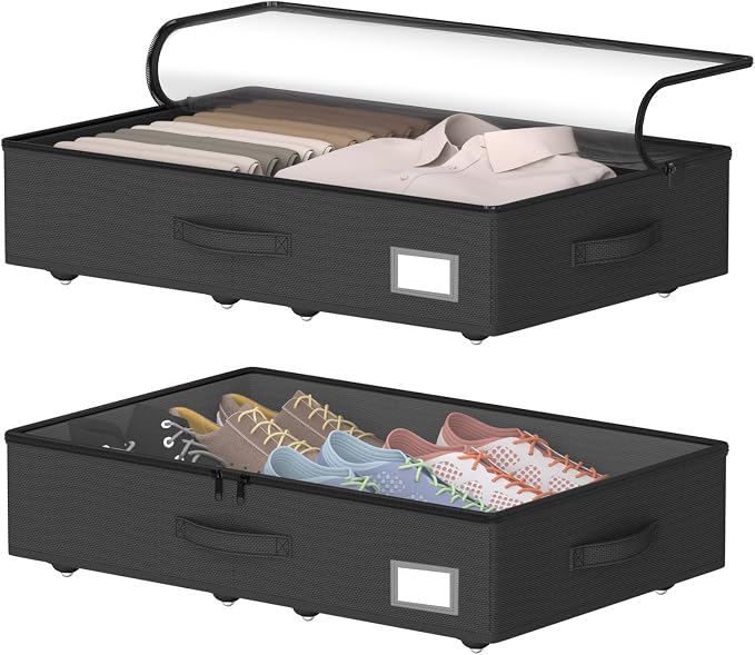 EE-RoomWorld Underbed Storage With Wheels, No Assembly Required - 5.5 Inch Height Black Underbed Bins, Low Profile Rolling Shoe Storage Containers for Dorm