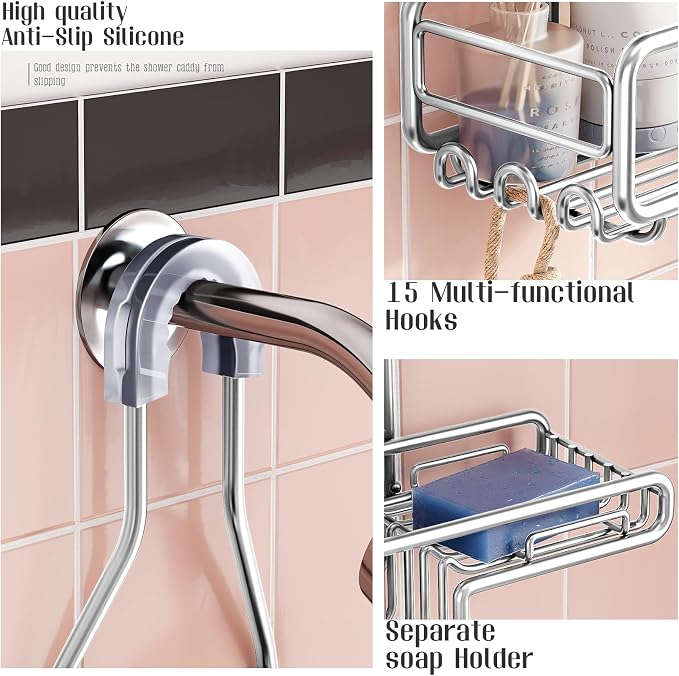 Skyapex Shower Caddy Hanging Bathroom Organizer: Over Head Adjustable Rack for Tall Showerhead - Extra Large Storage Shelf for Big Shampoo Bottles with Soap Holder