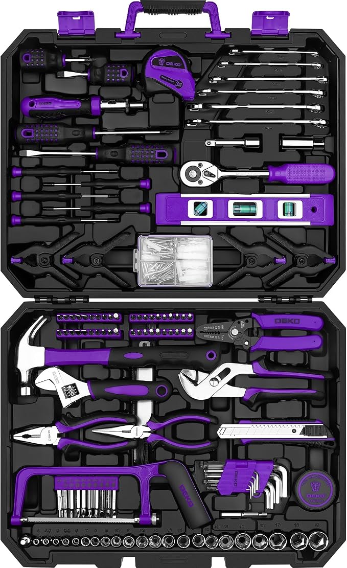 DEKOPRO Tool Set: 228 Piece Home Tool Kit, Household Basic Repair Tool Set Comes with Storage ToolBox, Socket Wrench Set for Car, Hand Tool Box Set for Home - Purple