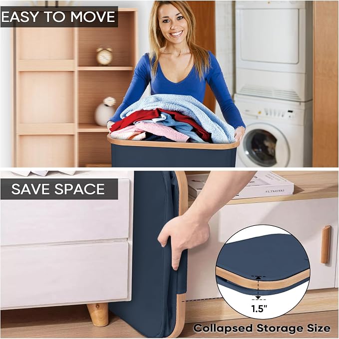 BALEINE Laundry Hamper with Lid, Tall Laundry Baskets with Bamboo Pull Handles, Large Laundry Bin with Internal Support (18 Gal/70L, Blue)