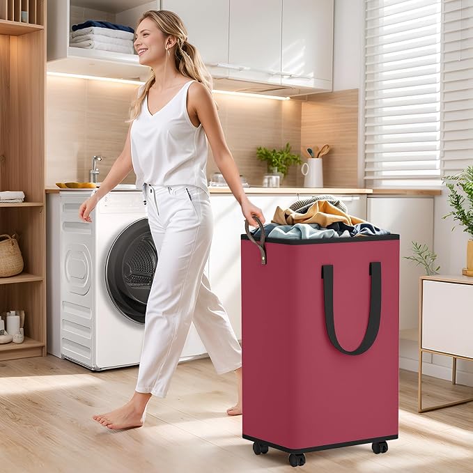 SpaceTrove Rolling Laundry Basket with Wheels, Laundry Hamper, 100L, Red | Collapsible, 4 detachable wheels including 2 with brakes, sturdy handle, metal frame, for dorms, bathrooms and bedrooms