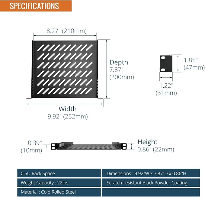 Tecmojo 2 Pack 0.5U Rack Mount Shelf for 10" Server Rack, 7.87" Deep Vented Cantilever Tray, Metal Shelf for Network Cabinet, Server Enclosure, Enhanced Airflow, Black