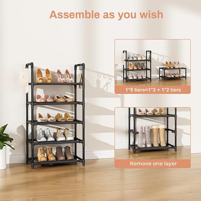 LANTEFUL 5 Tiers Shoe Rack 12-15 Pairs Boots Organizer Storage Sturdy Narrow Shoe Shelf for Entryway, Closets with Hooks, Black