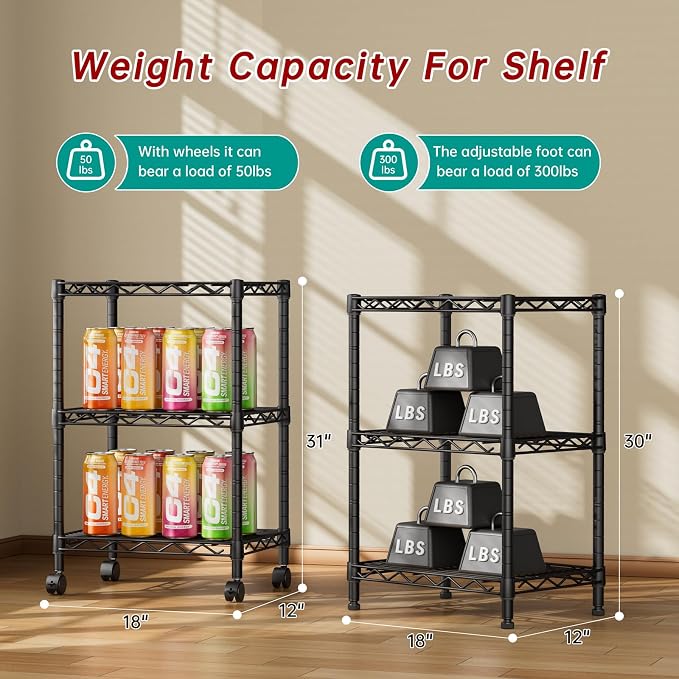 Golpart 3Tier Adjustable Storage Shelves Metal Wire Shelving Standing Shelf | Utility Heavy Duty Unit Rack Closet Organize for Home Kitchen Laundry Room Organization Pantry 11.6"Dx17.6"Wx30"H Black