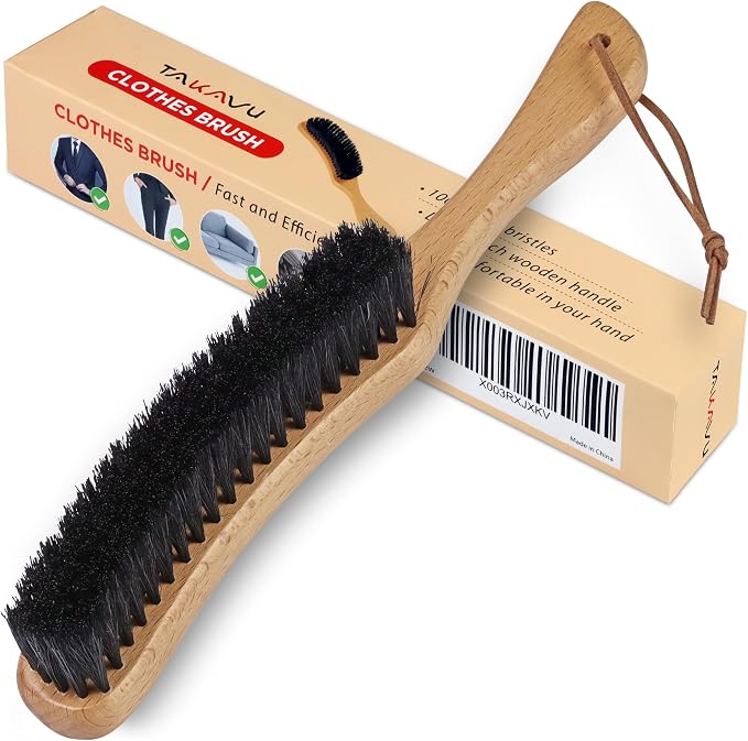 TAKAVU Black Boar Clothes Brush for Suits, Large Beech Wood Handle | Lint Brush for Coats, Cashmere, Wool, Velvet & Suede Upholstery, Hats & Jackets, Natural Stiff Bristle Garment Care
