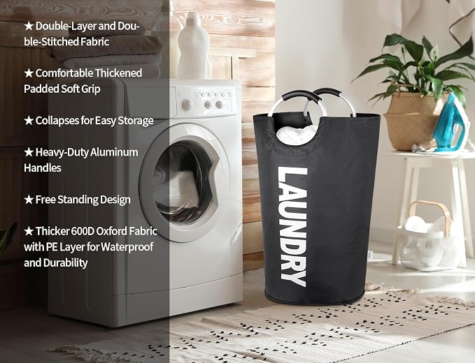 2-Pack XXL Laundry Basket, Big Laundry Hamper Bag with Handles, 130L Black | Freestanding Tall Dirty Clothes Hamper, Collapsible and Portable Laundry Bin for Dorms and Bedrooms, Thick, Sturdy Fabric