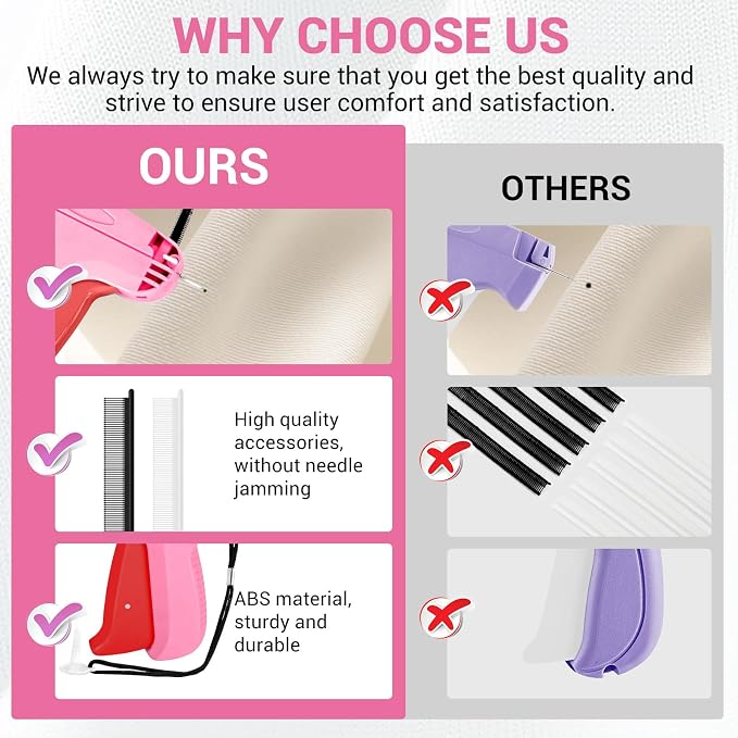 Stitch Gun for Clothes - Handheld Quick Clothing Fixer - Tagging Gun for Clothing, Sewing Kit - Includes 6 Fine Needles, 1000 White & 1000 Black Fasteners (Pink Red)
