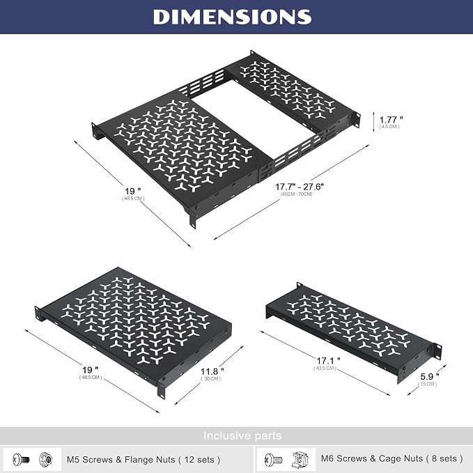 1U Rack Shelves (2-Pack), 1 PCS 6" Deep Cantilever & 1 PCS 12" Deep Cantilever, with Optional Joints to Combine as One Full Size Server Rack Shelf