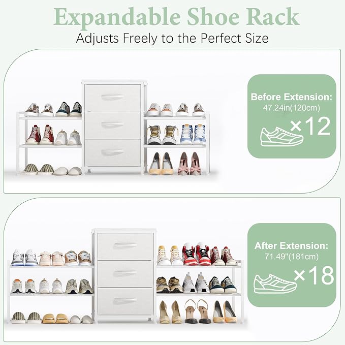 Expandable Closet Organizers and Storage,Wide Long 3 Drawer Dresser | White Fabric Storage Dresser, Clothes Shelves for Kids, Purse Organizer Small Shoe Rack for Closet Bedroom(47.24~71.47in)