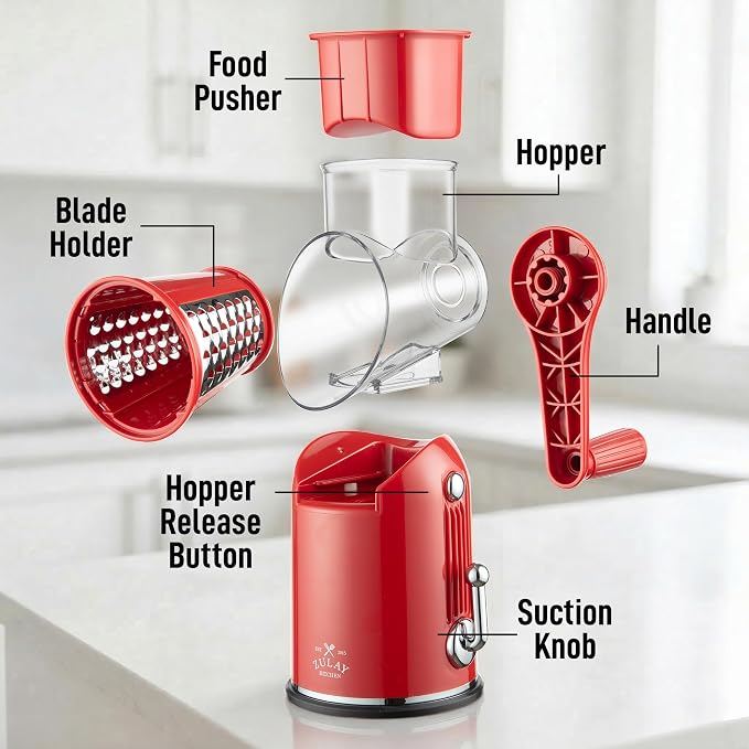 Zulay Kitchen Rotary Cheese Grater 5 Blade Cheese Shredder - Manual Hand Crank Cheese Grater With Reinforced Suction & 5 Interchangeable Drums - Easy to Use, Vegetable Chopper Round Mandoline Slicer