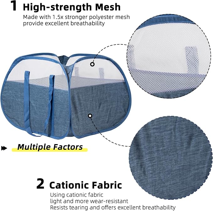 Collapsible Laundry Basket, 90L Tear Proof Mesh Pop-up Hamper | Foldable Storage Clothes Bag with Reinforced Handles for Laundry, Bathroom, Dorm, Travel, Camping, Space-saving, Blue