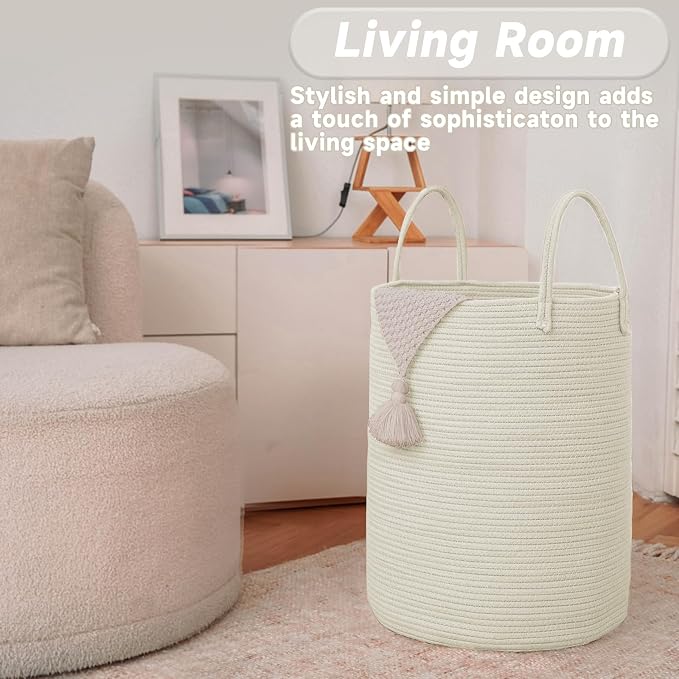 JMvicyroam 80L Cotton Rope Laundry Basket Hamper, White | Collapsible laundry basket, reinforced handles, freestanding, machine washable, holds 3-5 thick blankets, clothes or toys