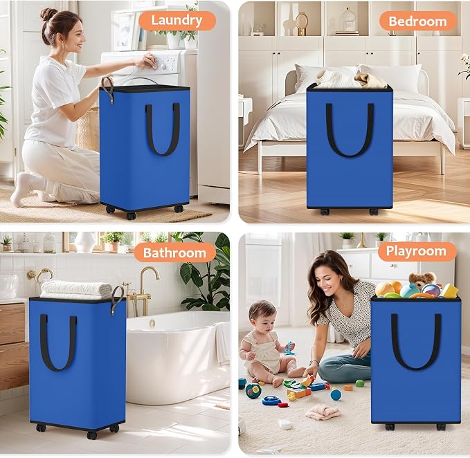 SpaceTrove Rolling Laundry Basket with Wheels, Laundry Hamper, 80L, Blue | Collapsible, 4 detachable wheels including 2 with brakes, sturdy handle, metal frame, for dorms, bathrooms and bedrooms