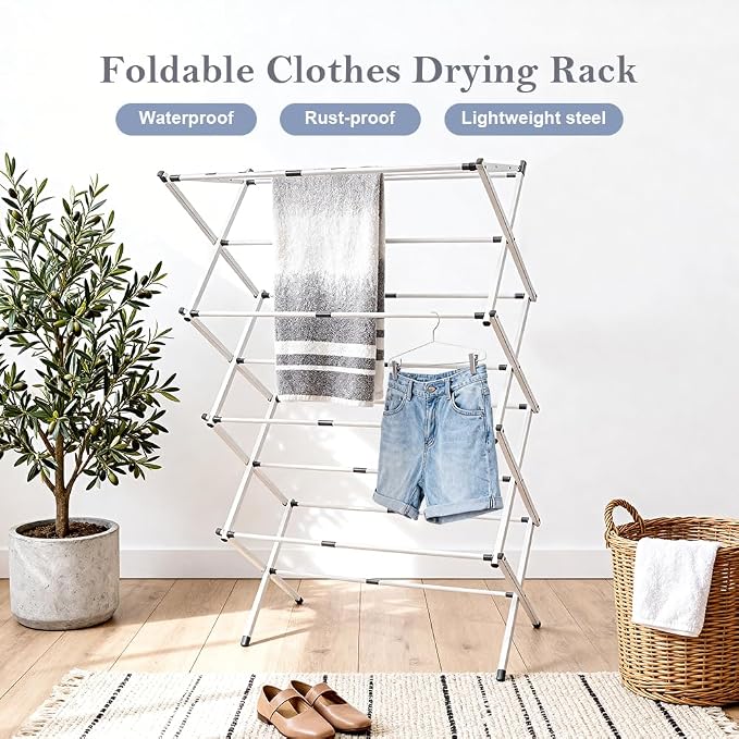 4-Tier Foldable Clothes Drying Rack 15" D x 29" W x 52" H - White | Portable Extendable Laundry Drying Rack for Indoor Air Drying Clothing with 4 Hangers
