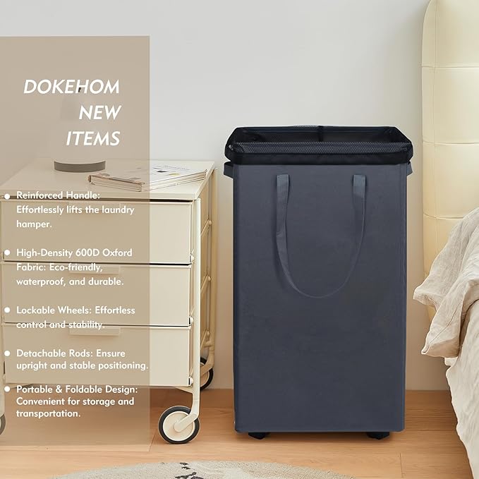 DOKEHOM 90L X-Large Rolling Laundry Basket Hamper on Wheels, Grey | Collapsible clothes hamper with removable mesh wash bag. High-capacity foldable washing bin organizer
