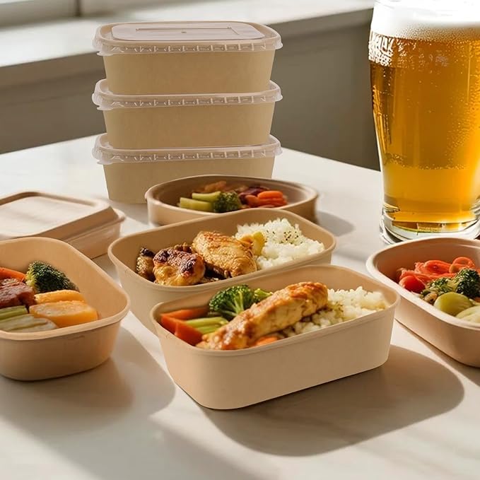 50 Pack 19 oz Paper Food Containers with Lids, Meal Prep Containers Disposable Large Paper Bowls, Microwavable and Freezer Storage Use Cardboard Food Containers