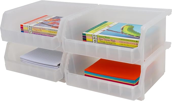 ReadySpace Extra Large Plastic Storage Bins, Stackable Organizer Containers for Closet Pantry Shelf Garage and Office Organization, Clear, 4 Pack | Open-Front Stackable Bins For Garage, Pantry, Closet & Office, 14,8"L X 16,5"W X 7"H, Nests When Empty, ...