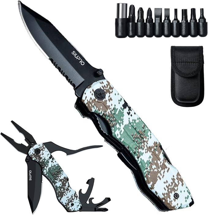 SIUPRO Multitool Pocket Knife Set for Men, Camo | Multipurpose 9-in-1 screwdriver kit, Multi Tool Pliers for Camping, Survival with Nylon Sheath, Gifts Idea