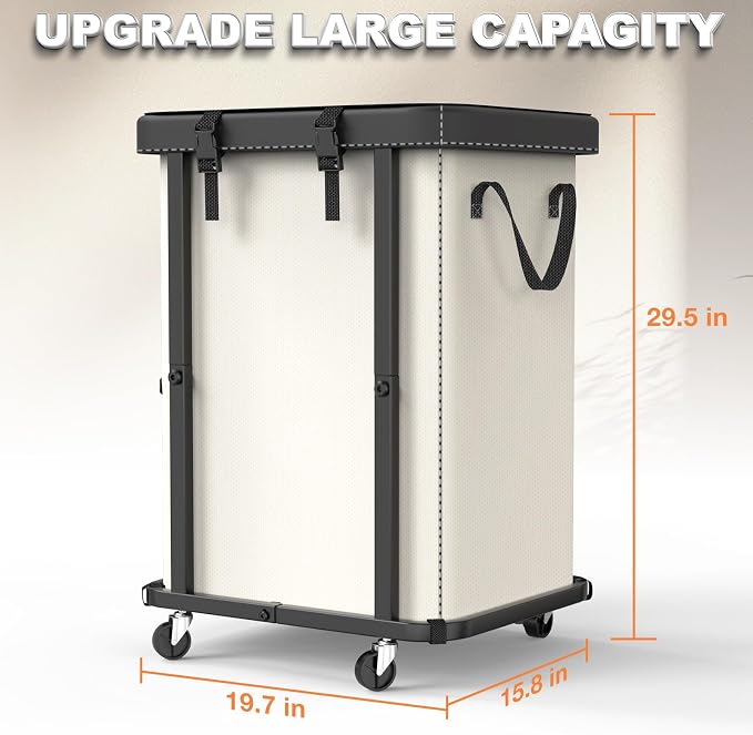 Laundry Basket with Wheels,150L Leather Patchwork Rolling Hamper Carts | Sturdy Metal Frame, Removable Washable Bag, Tall Clothes Sorter for Bedroom, Laundry Room - Beige