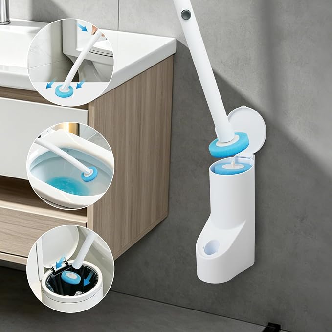 IwIeIaIrI 2 Pack Disposable Toilet Brush and Holder Set with 48 Toilet Wand Refills, Bowl Toilet Brush with Wall Mounted Holder, Limescale Remover Cleaning for Bathroom Cleaning, Bathtub(Cylinder)