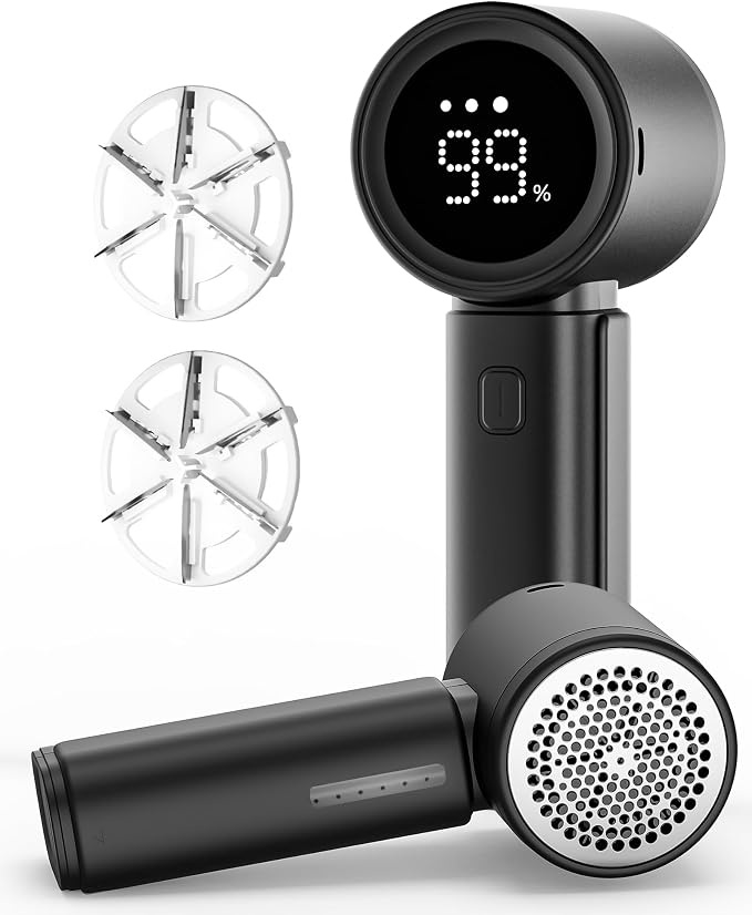Fabric Shaver, Electric Lint Remover, Sweater Shavers to Remove Pilling with 3 Speeds, 6 Leaf Blade, LED Display & Type-C Rechargeable, Removes Fuzz, Pills for Clothes, Couch, Furniture