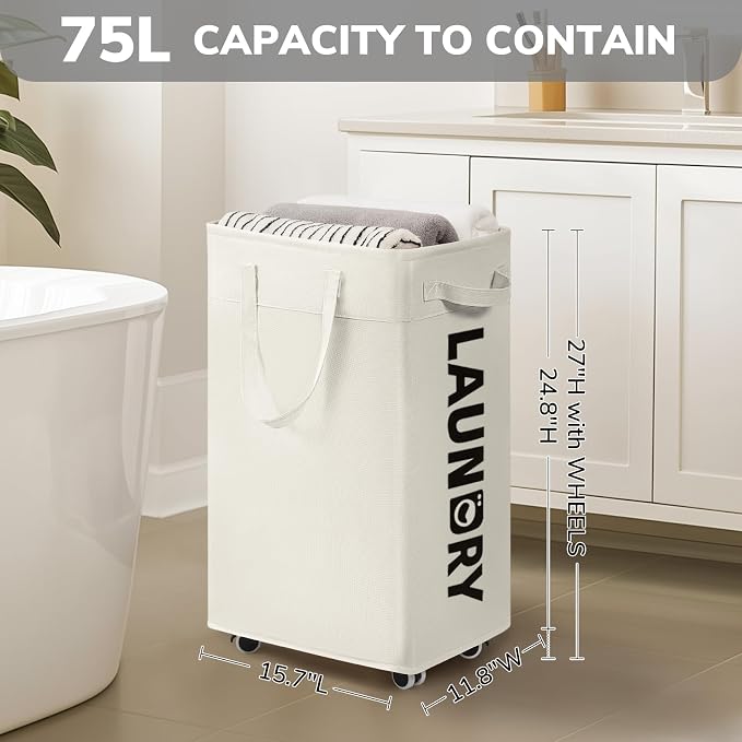 CHICVITA 75L Collapsible Laundry Hamper with Wheels & Wash Bag, White | Easy-carry handle, removable wash bag for dorms. Clothes laundry basket rolls smoothly on wheels